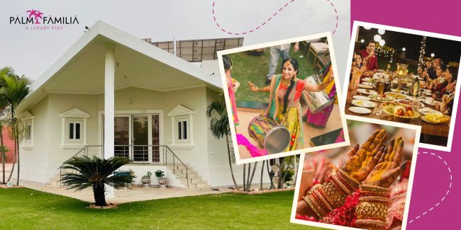 A white villa stands amid a green lawn with palm trees. Three smaller photos show vibrant cultural scenes: a woman in colorful attire dancing with a drum, a festive dining table laden with food, and a close-up of decorative items and traditional sweets. "Palm Familia: A Luxury Stay" is written in the top left.