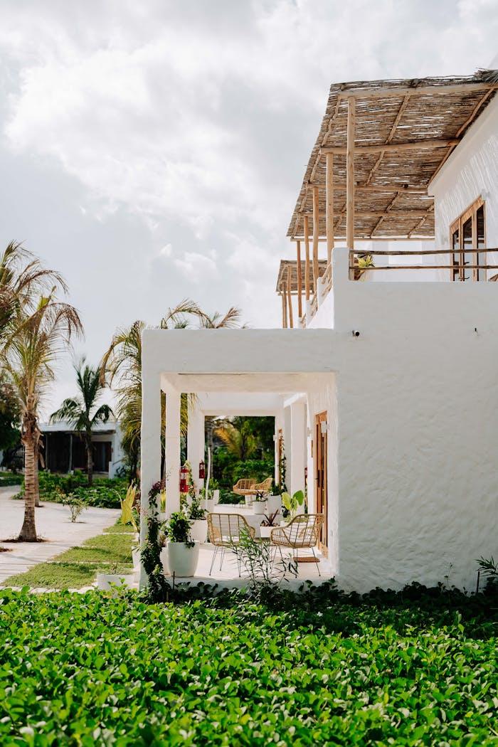 Sunny view of a beachfront villa in Jambiani with lush greenery and palm trees.